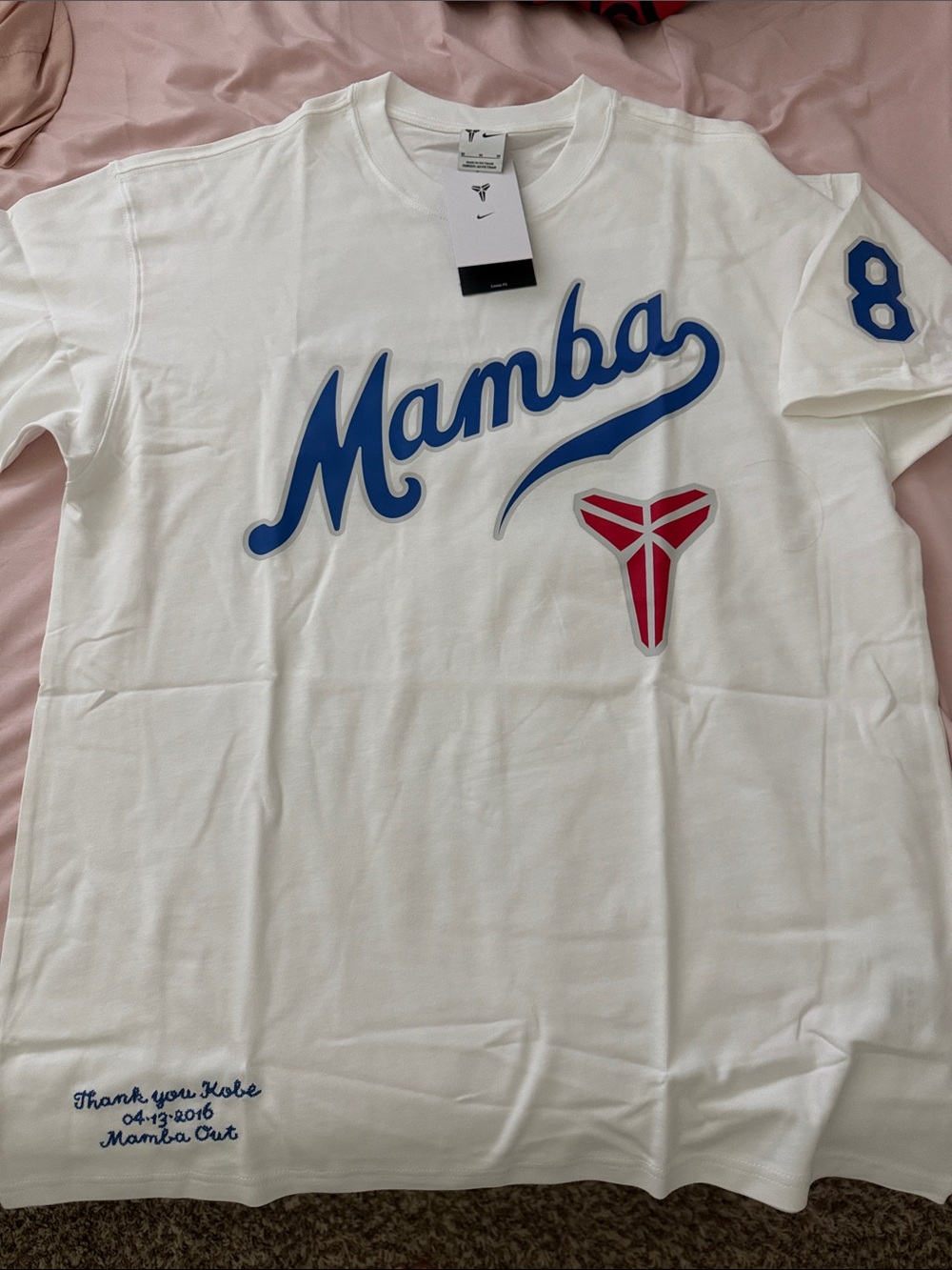 Nike White Mamba Graphic Short-Sleeve Tee with Blue Script and Red Emblem